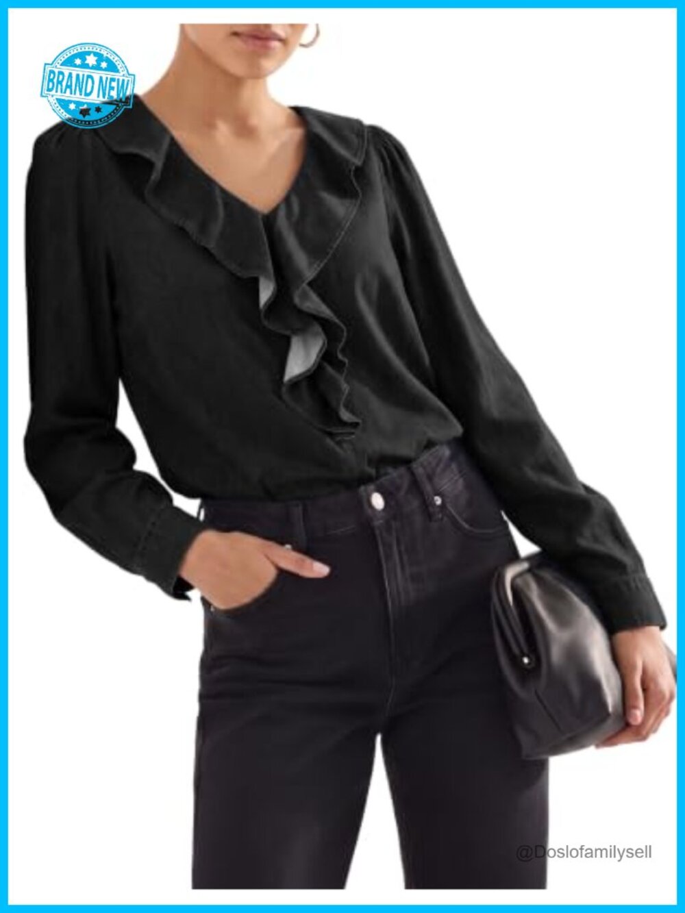 Women's Denim Chambray Ruffled V Neck Long Sleeve Button Down Blouse